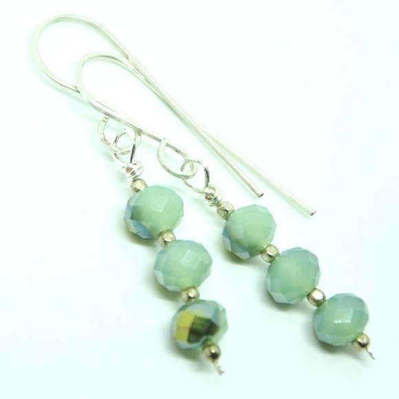 Handmade Sterling Silver Mint Green Faceted Dangle Earrings - Picture 10 of 13